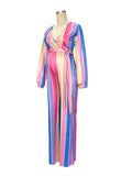 Yooulike Pink-Blue Rainbow Stripe V-Neck Belt Long Sleeve Elegant Fashion Gender Reveal Party Maternity Wide Leg Jumpsuits