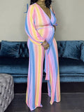 Yooulike Pink-Blue Rainbow Stripe V-Neck Belt Long Sleeve Elegant Fashion Gender Reveal Party Maternity Wide Leg Jumpsuits