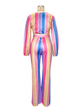 Yooulike Pink-Blue Rainbow Stripe V-Neck Belt Long Sleeve Elegant Fashion Gender Reveal Party Maternity Wide Leg Jumpsuits