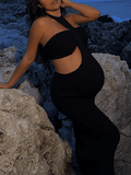 Yooulike Two-Piece Cut Out Bodycon Halter Neck Bandeau Backless  Sleeveless Fashion Babyshower Beach Photo shooting Maternity Dress