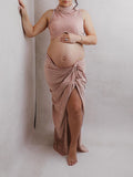 Yooulike Bodycon Irregular 2-In-1 Drawstring Slit High Neck Crop Sleeveless Elegant Fashion Babyshower Photoshoot Maternity Maxi Dress