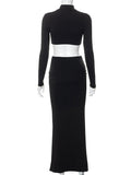 Yooulike Two-Piece Bodycon High Neck Crop Long Sleeve Elegant Fashion Vintage Photo Photoshoot Maternity Maxi Dress