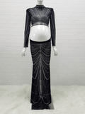 Yooulike Two Piece Mesh See Through Bodycon Rhinestone High Neck Long Sleeve Elegant Studio Shooting Babyshower Maternity Maxi Dress