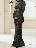 Yooulike Mesh Bodycon Two Piece Rhinestone Long Sleeve Elegant Fashion Photoshoot Babyshower Maternity Maxi Dress