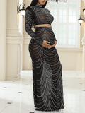 Yooulike Mesh Bodycon Two Piece Rhinestone Long Sleeve Elegant Fashion Photoshoot Babyshower Maternity Maxi Dress