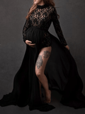 Yooulike Skinny Two Piece Lace High Neck Long Sleeve Bodysuit With Double Slit Skirt Fashion Photoshoot Babyshower Maternity Dress