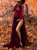 Yooulike Skinny Two Piece Lace High Neck Long Sleeve Bodysuit With Double Slit Skirt Fashion Photoshoot Babyshower Maternity Dress