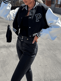 Yooulike Fall Women Bomber Jackets Letter P Graphic Single Breasted Embroidery Varsity Contrast Sleeve Fashion Casual Baseball Jacket