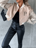 Yooulike Fall Women Bomber Jackets Letter P Graphic Single Breasted Embroidery Varsity Contrast Sleeve Fashion Casual Baseball Jacket