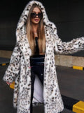 Yooulike Women Leopard Faux Fur Coats Belt Hooded Long Sleeve Elegant Casual Chic Long Outerwear