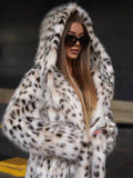 Yooulike Women Leopard Faux Fur Coats Belt Hooded Long Sleeve Elegant Casual Chic Long Outerwear