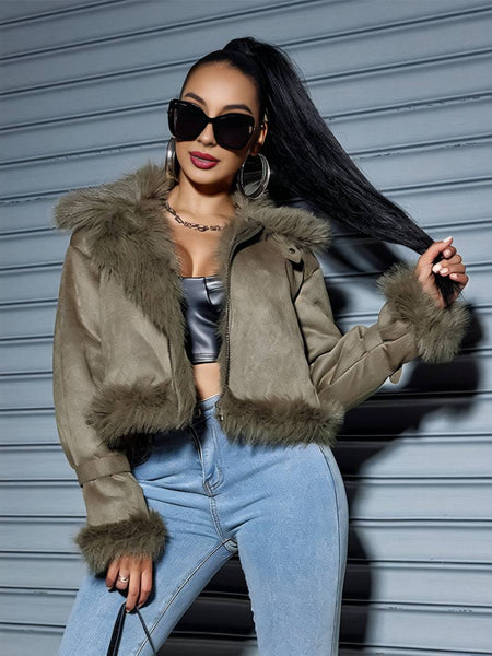 Yooulike Women Solid Color Suede Jacket Pockets Zipper Long Sleeve