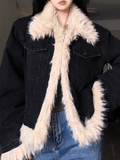 Yooulike Women Warm Denim Patchwork Faux Fur Fleece Coat Jacket Pockets Long Sleeve Fashion Vintage Parka Outwear