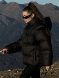 Yooulike Women Down Jacket Zipper Pockets Band Collar Long Sleeve Casual Loose Oversized Chic Thick Warm Padded Coats