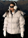 Yooulike Women Down Jacket Zipper Pockets Band Collar Long Sleeve Casual Loose Oversized Chic Thick Warm Padded Coats