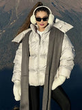 Yooulike Women Down Jacket Zipper Pockets Band Collar Long Sleeve Casual Loose Oversized Chic Thick Warm Padded Coats