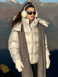 Yooulike Women Down Jacket Zipper Pockets Band Collar Long Sleeve Casual Loose Oversized Chic Thick Warm Padded Coats