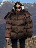 Yooulike Women Down Jacket Zipper Pockets Band Collar Long Sleeve Casual Loose Oversized Chic Thick Warm Padded Coats