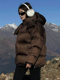 Yooulike Women Down Jacket Zipper Pockets Band Collar Long Sleeve Casual Loose Oversized Chic Thick Warm Padded Coats