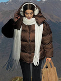 Yooulike Women Down Jacket Zipper Pockets Band Collar Long Sleeve Casual Loose Oversized Chic Thick Warm Padded Coats