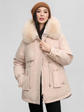 Yooulike Women Solid Color Down Pockets Zipper Hooded Fur Collar Elegant Oversized Thick Warm Plus Size Parka