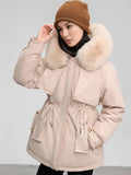 Yooulike Women Solid Color Down Pockets Zipper Hooded Fur Collar Elegant Oversized Thick Warm Plus Size Parka