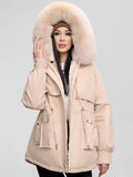 Yooulike Women Solid Color Down Pockets Zipper Hooded Fur Collar Elegant Oversized Thick Warm Plus Size Parka