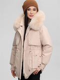 Yooulike Women Solid Color Down Pockets Zipper Hooded Fur Collar Elegant Oversized Thick Warm Plus Size Parka