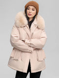 Yooulike Women Solid Color Down Pockets Zipper Hooded Fur Collar Elegant Oversized Thick Warm Plus Size Parka