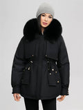 Yooulike Women Solid Color Down Pockets Zipper Hooded Fur Collar Elegant Oversized Thick Warm Plus Size Parka