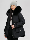 Yooulike Women Solid Color Down Pockets Zipper Hooded Fur Collar Elegant Oversized Thick Warm Plus Size Parka