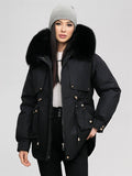 Yooulike Women Solid Color Down Pockets Zipper Hooded Fur Collar Elegant Oversized Thick Warm Plus Size Parka