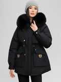 Yooulike Women Solid Color Down Pockets Zipper Hooded Fur Collar Elegant Oversized Thick Warm Plus Size Parka