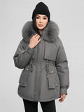 Yooulike Women Solid Color Down Pockets Zipper Hooded Fur Collar Elegant Oversized Thick Warm Plus Size Parka