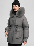 Yooulike Women Solid Color Down Pockets Zipper Hooded Fur Collar Elegant Oversized Thick Warm Plus Size Parka