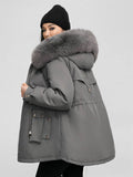 Yooulike Women Solid Color Down Pockets Zipper Hooded Fur Collar Elegant Oversized Thick Warm Plus Size Parka