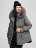 Yooulike Women Solid Color Down Pockets Zipper Hooded Fur Collar Elegant Oversized Thick Warm Plus Size Parka