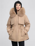 Yooulike Women Solid Color Down Pockets Zipper Hooded Fur Collar Elegant Oversized Thick Warm Plus Size Parka