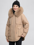 Yooulike Women Solid Color Down Pockets Zipper Hooded Fur Collar Elegant Oversized Thick Warm Plus Size Parka