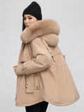 Yooulike Women Solid Color Down Pockets Zipper Hooded Fur Collar Elegant Oversized Thick Warm Plus Size Parka