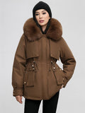 Yooulike Women Solid Color Down Pockets Zipper Hooded Fur Collar Elegant Oversized Thick Warm Plus Size Parka