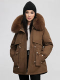 Yooulike Women Solid Color Down Pockets Zipper Hooded Fur Collar Elegant Oversized Thick Warm Plus Size Parka