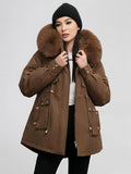 Yooulike Women Solid Color Down Pockets Zipper Hooded Fur Collar Elegant Oversized Thick Warm Plus Size Parka