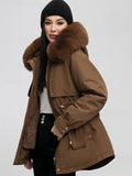 Yooulike Women Solid Color Down Pockets Zipper Hooded Fur Collar Elegant Oversized Thick Warm Plus Size Parka