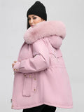 Yooulike Women Solid Color Down Pockets Zipper Hooded Fur Collar Elegant Oversized Thick Warm Plus Size Parka