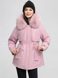 Yooulike Women Solid Color Down Pockets Zipper Hooded Fur Collar Elegant Oversized Thick Warm Plus Size Parka