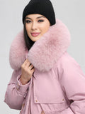 Yooulike Women Solid Color Down Pockets Zipper Hooded Fur Collar Elegant Oversized Thick Warm Plus Size Parka