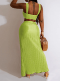 Yooulike Bodycon Irregular Knot Ruched Bandeau Crop Slit Backless Beach Vacation Fashion 2-In-1 Sundress Midi Dress