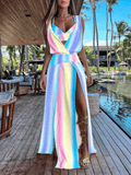 Yooulike Gradient Color Rainbow Stripe Two Piece Slits On Both Sides Deep V-Neck Sleeveless Elegant Fashion Holiday Maxi Dress