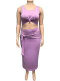 Yooulike Purple Plus Size 2-in-1 Bodycon U-Neck Tank Tops Belt Skirt Casual Fashion Casual Two Piece Set Midi Dress